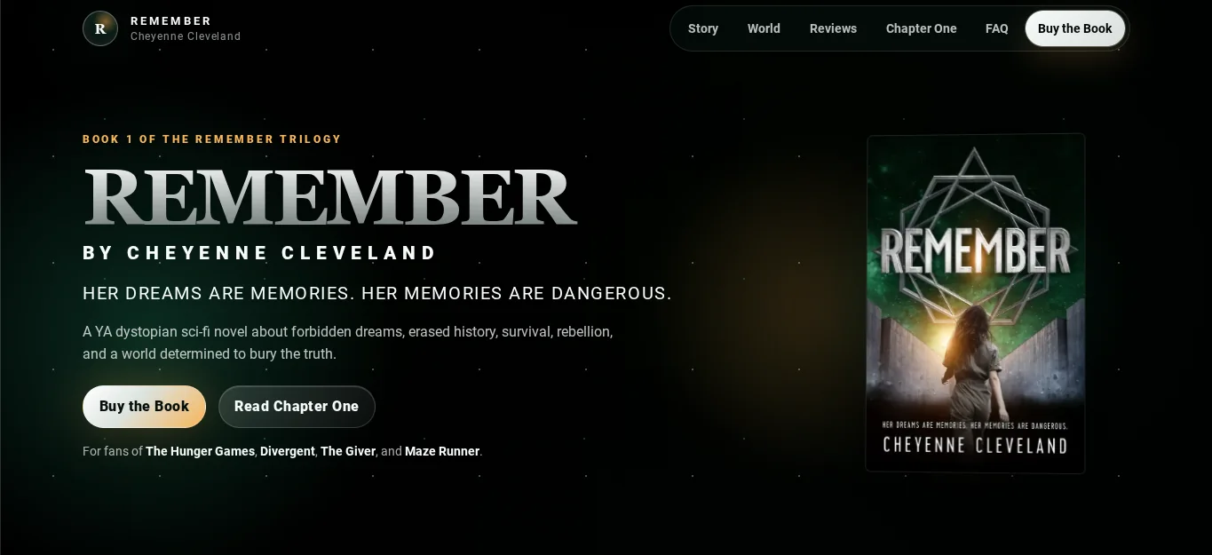 Live author website created for Cheyenne Cleveland and her book Remember