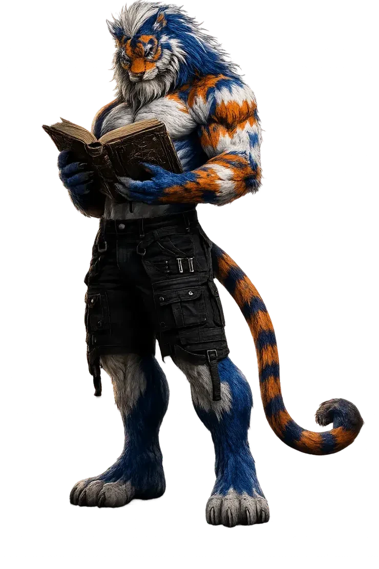 Spencer Aurelius, the Kronatrix author strategist mascot, reading a book